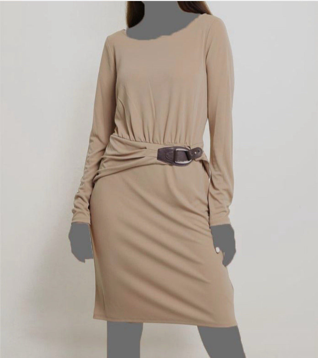 RALPH LAUREN  Buckle-Trim Jersey Dress - Classic Camel Size 16