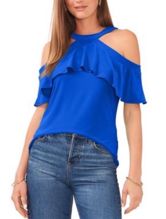Sam & Jess Ruffled Cold-Shoulder Top Royal Blue XS