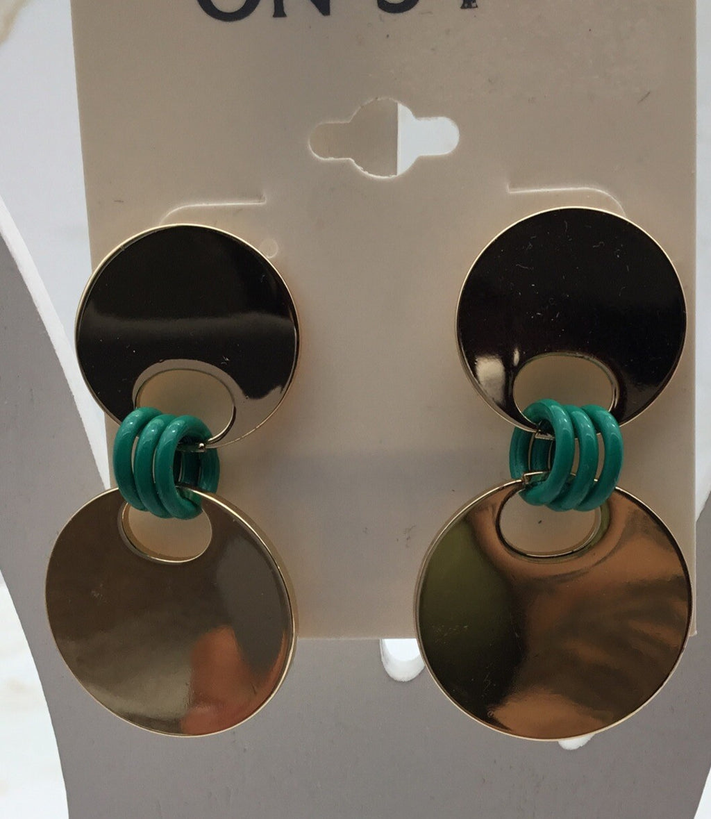 NWT On 34th Gold-Tone Disc & Green Color Ring Drop Earrings Trendy Summer Spring