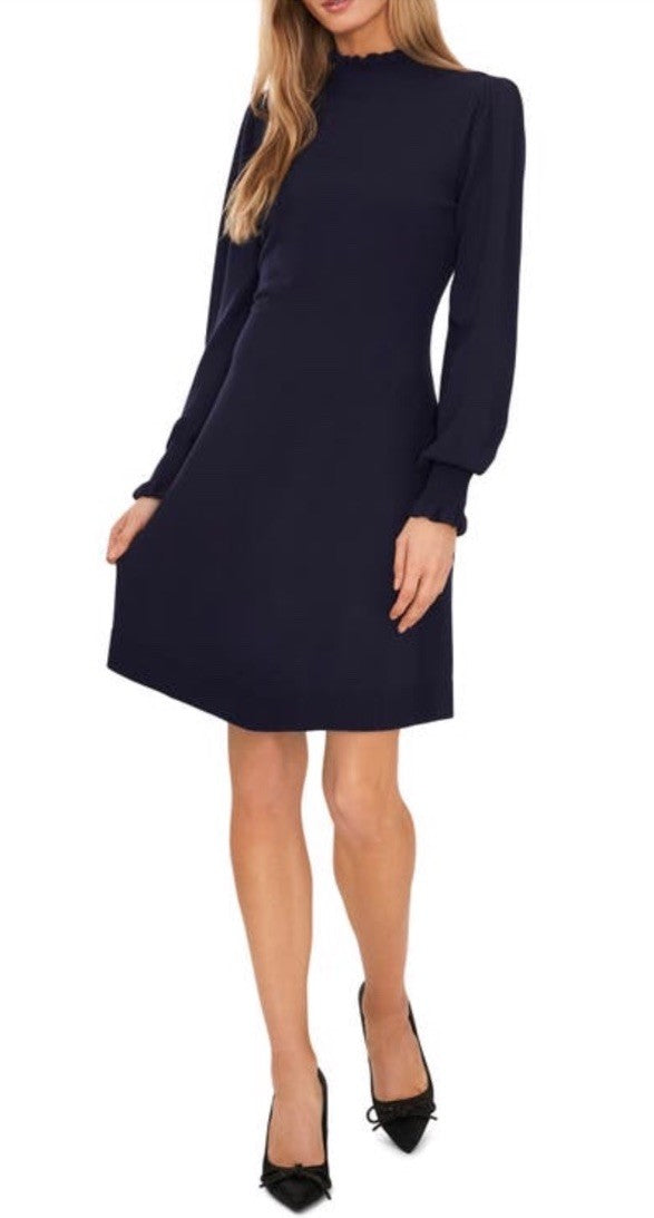 NEW CeCe RUFFLED NECK CUFFS KNIT SWEATER DRESS SZ M NAVY BLUE