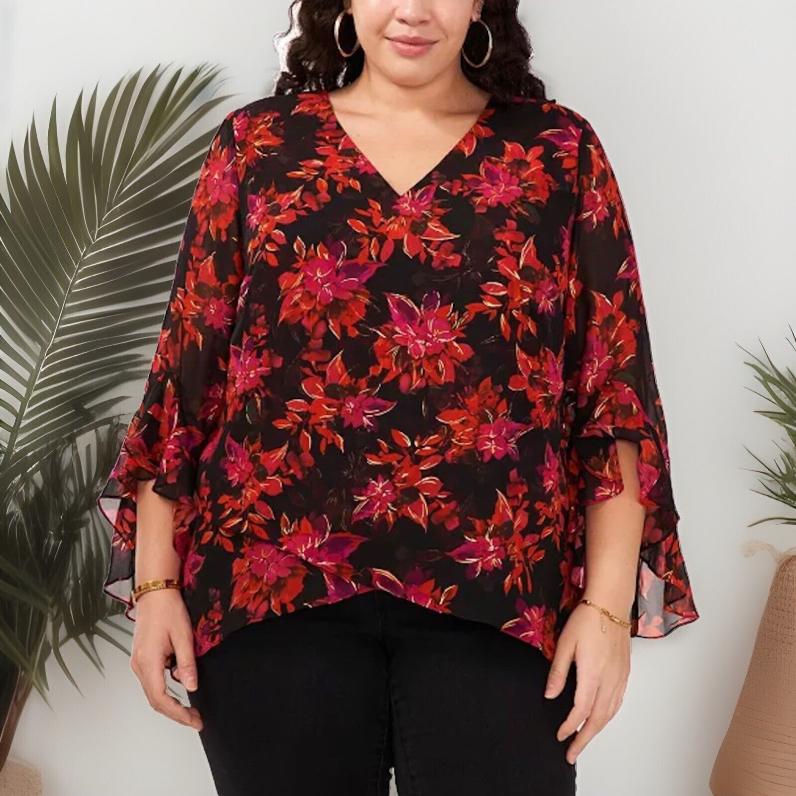 Vince Camuto Women's Black Floral-Print Flutter-Sleeve V-Neck Tunic Plus Size 1X