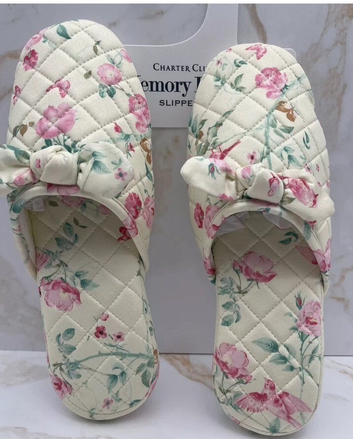 Charter Club Memory Foam Women’s Slippers L  9-10 Yellow With Flowers