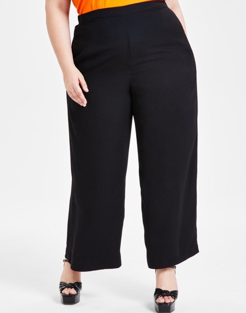 Bar III Women's Black Solid Pleat-Front Wide-Leg Pants Plus Size 22W
