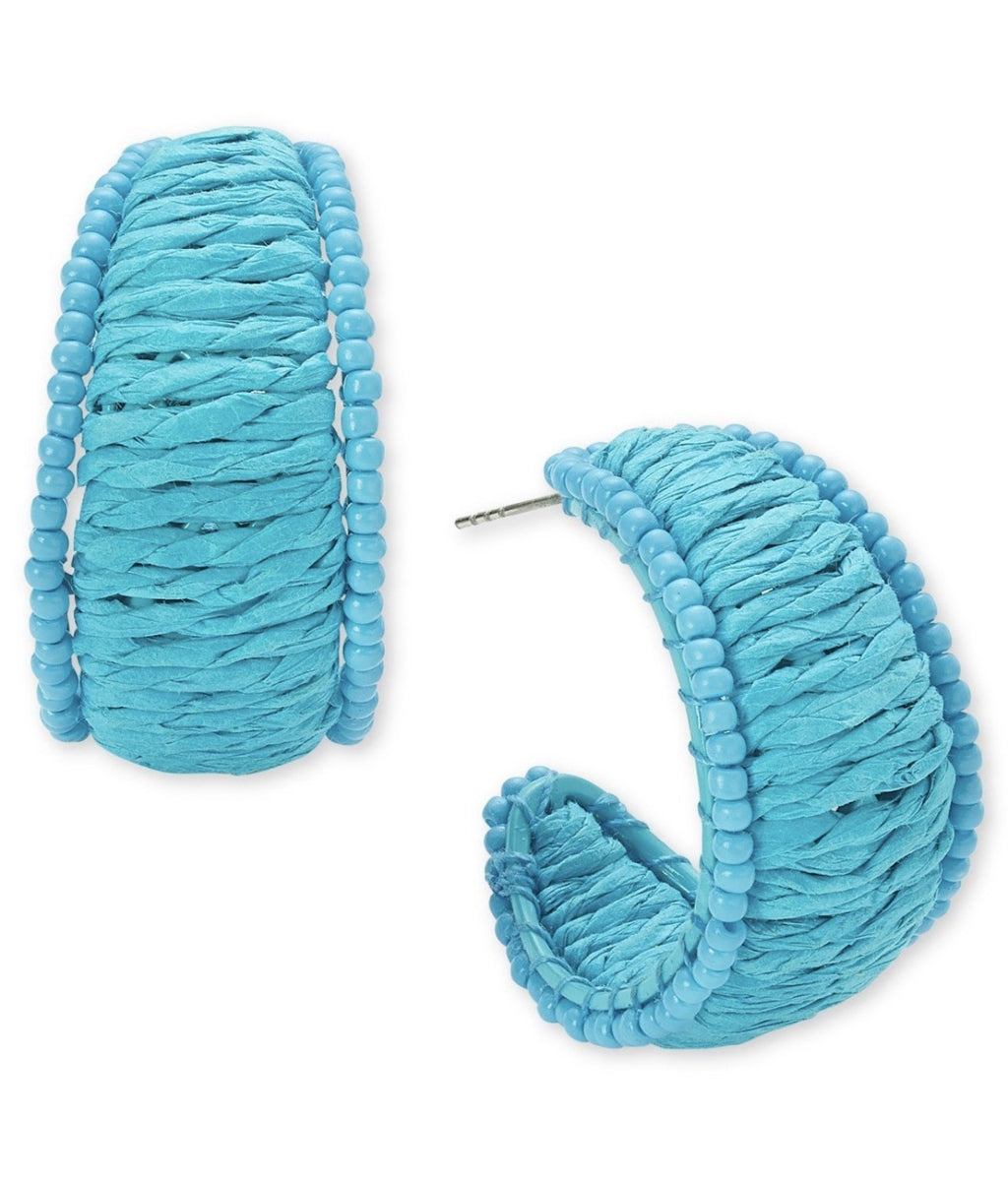 New ON 34th Turquoise Blue C Hoop Earrings Seed Beads Raffia Chunky 1.25" Boho