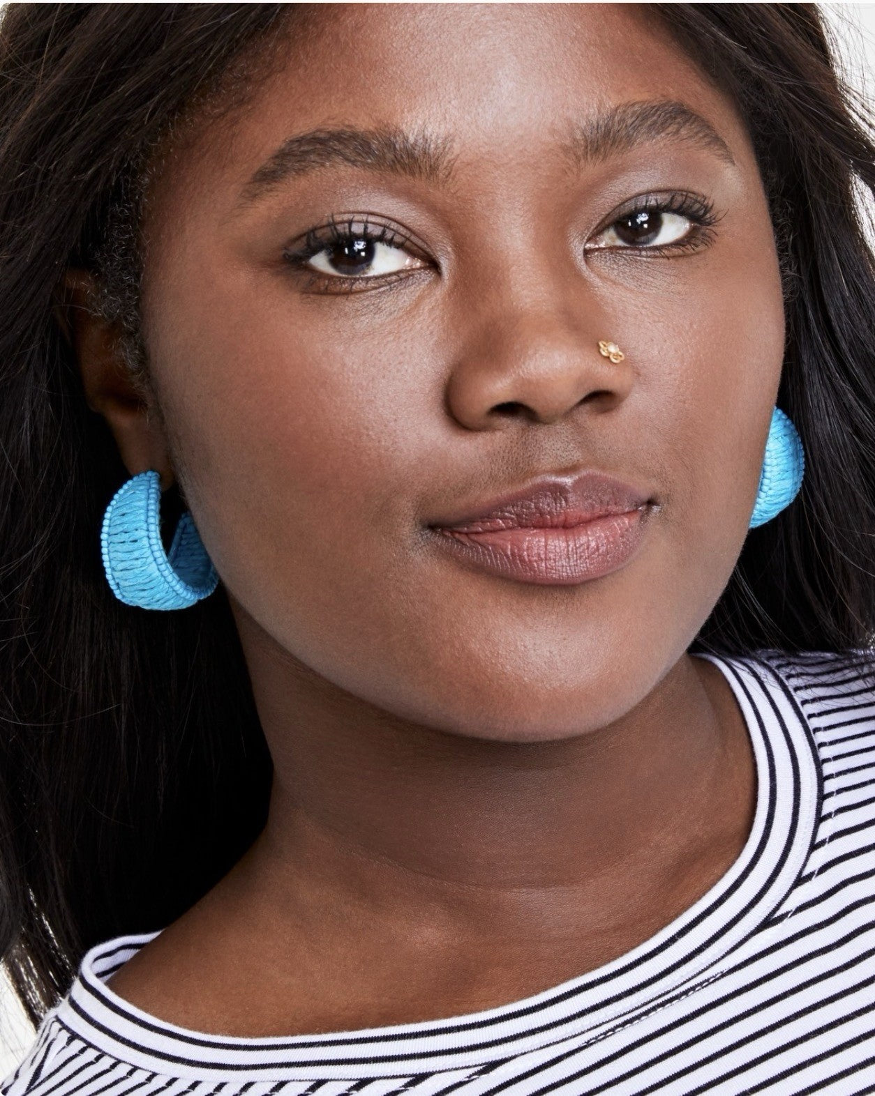 New ON 34th Turquoise Blue C Hoop Earrings Seed Beads Raffia Chunky 1.25" Boho