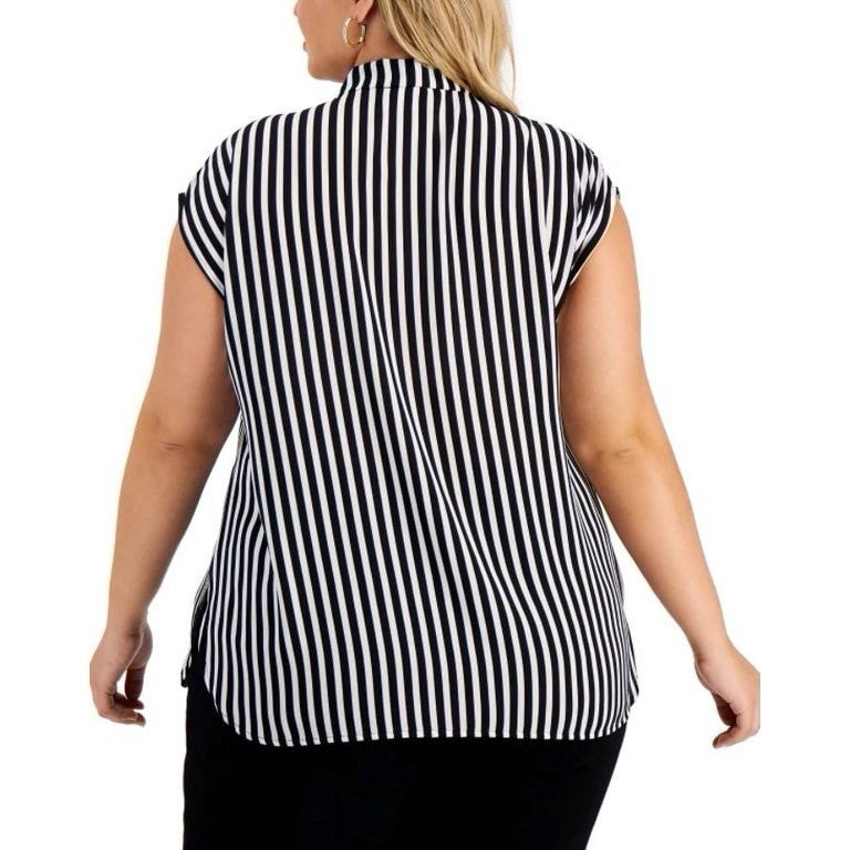 Bar III Womens White Tie-Neck Striped Top Plus Size 2X