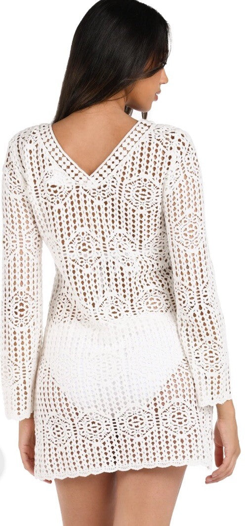 NWT La Blanca Waverly Covers Crochet V-Neck Tunic Cover Up - Ivory size M