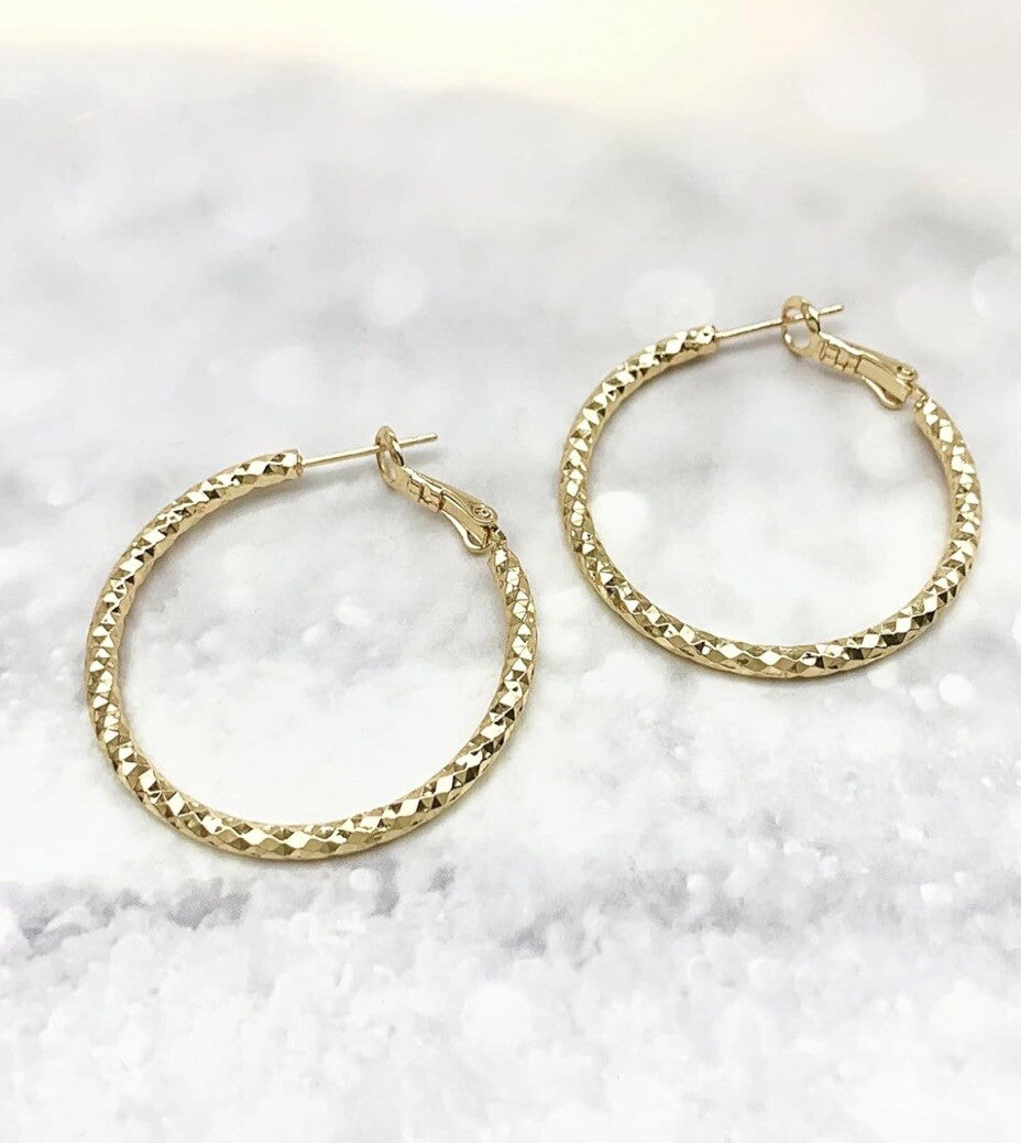 Darla Collection 18k Gold Filled 1" Hoop Hinged Closure Earrings Textured Shiny