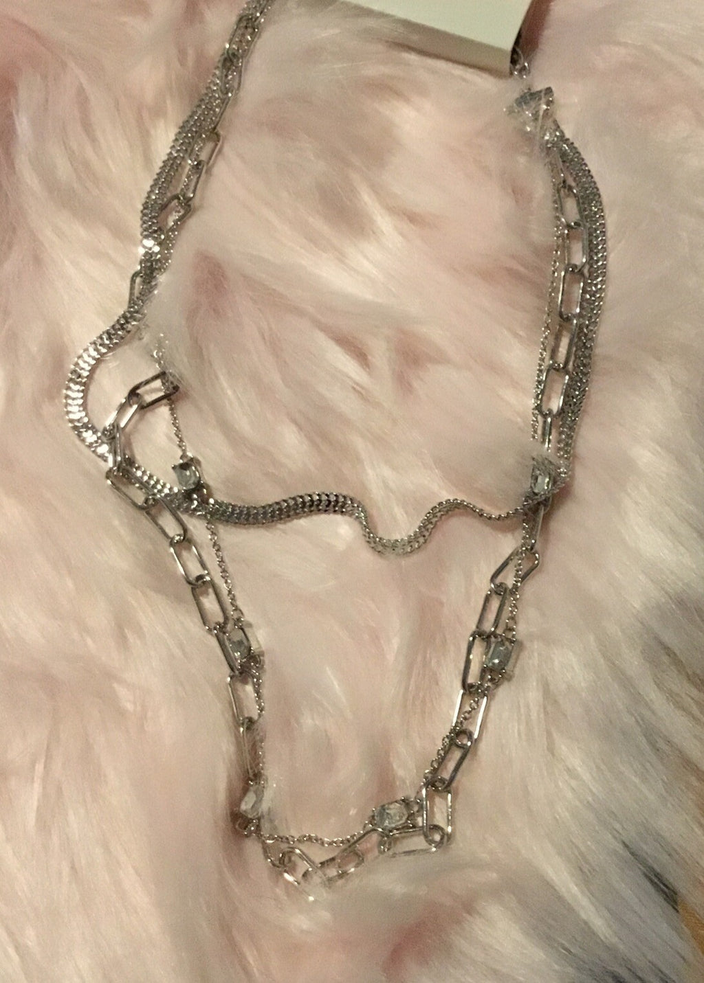 On 34th Crystal & Mixed Link Layered Collar Necklace, 16" + 2" extender, Silver 