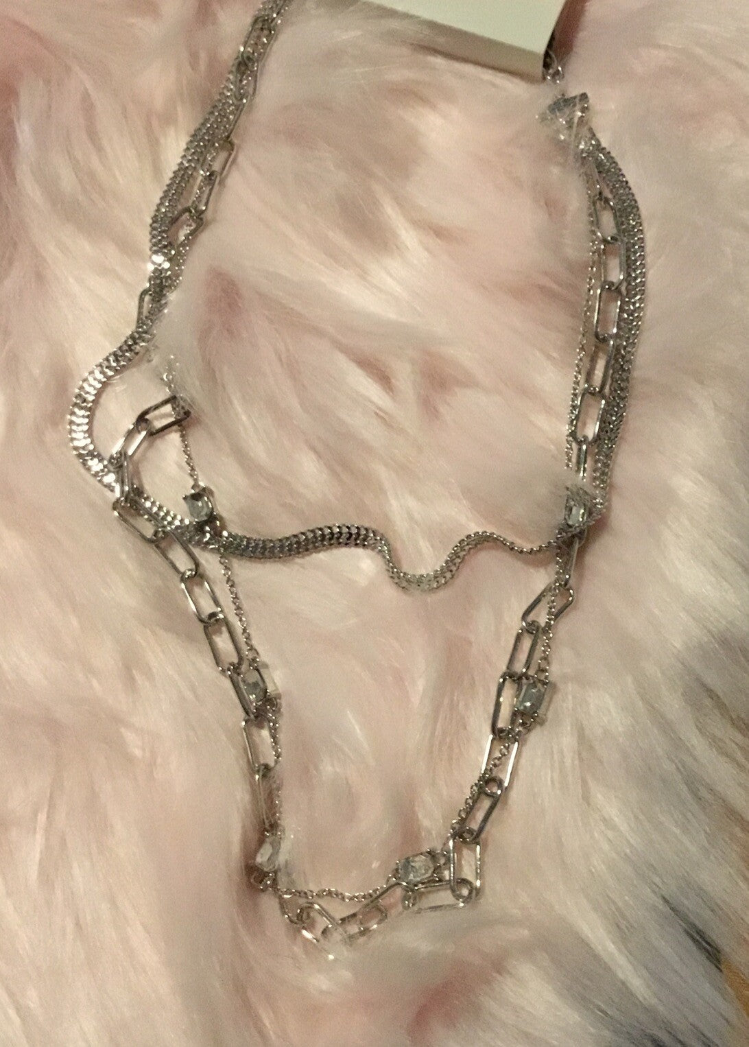 On 34th Crystal & Mixed Link Layered Collar Necklace, 16" + 2" extender, Silver 