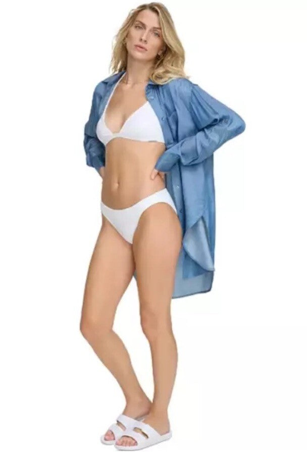 CALVIN KLEIN Women's Beach Button-Up Shirt Cover-Up Blue Size L