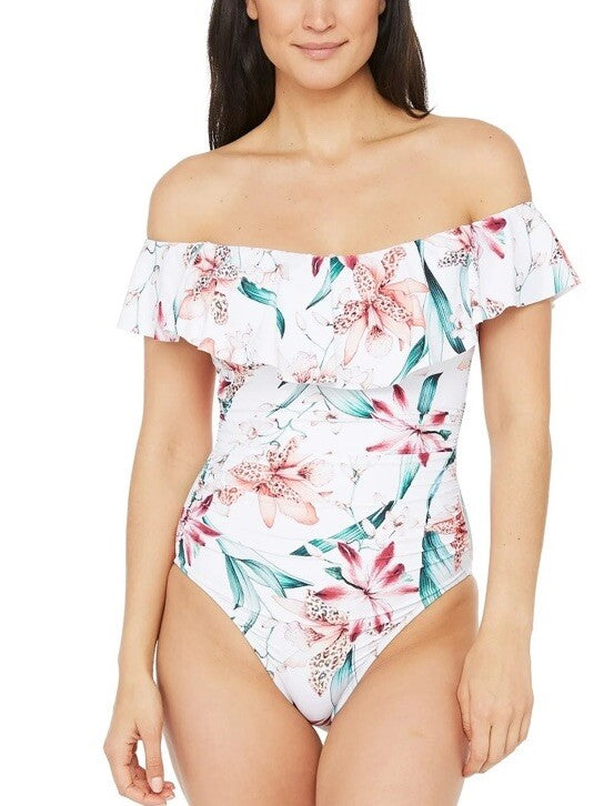 LA BLANCA Flyaway Orchid Printed Ruffle Off-the-Shoulder One-Piece Swimsuit 8,