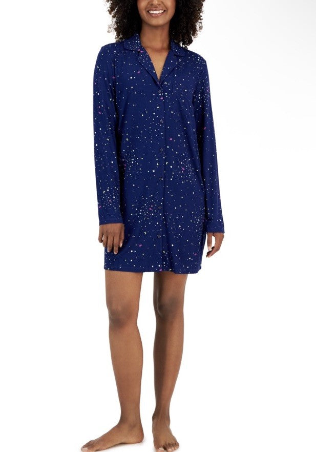 Womens Navy Blue Notch Collar Sleepshirt JENNI Intimates  Ditsy Space