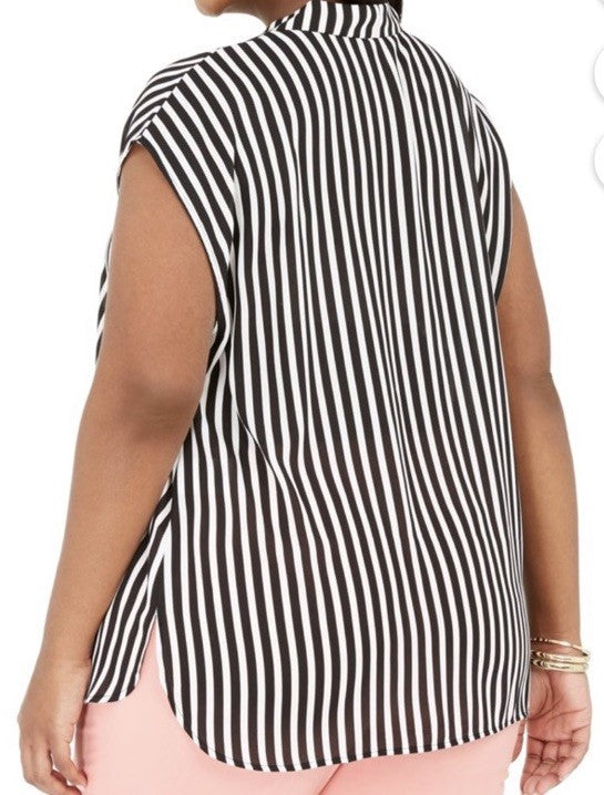 Bar III Women's Black Striped Self-Tie V-Neck Blouse Top Plus Size 1X