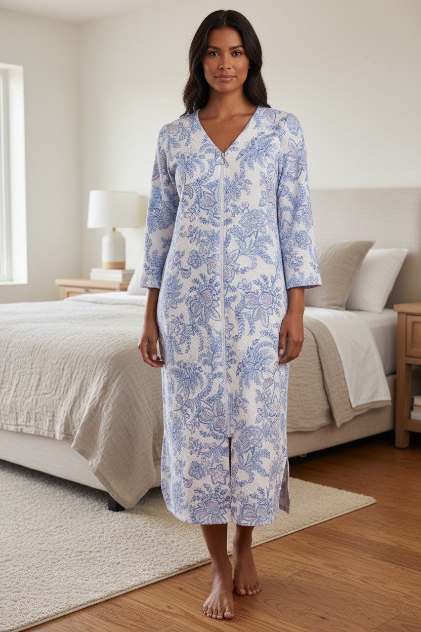 Miss Elaine Women's Quilted Floral 3/4-Sleeve Robe Blue Flor XL