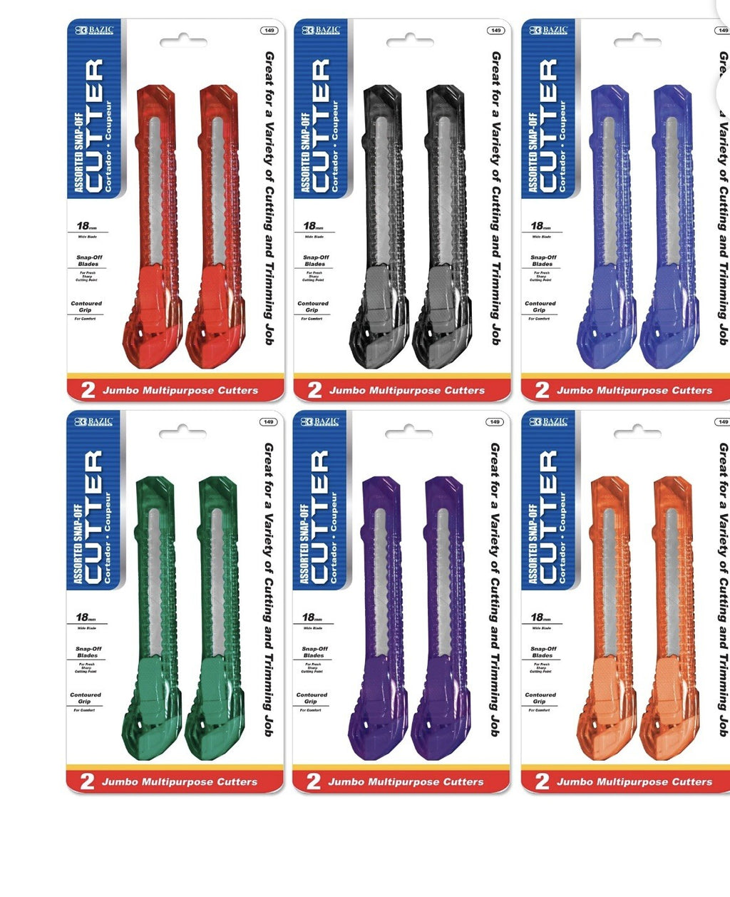 BAZIC Utility Knife Box Cutter 18mm Wide Blade (2/Pack), 6-Packs