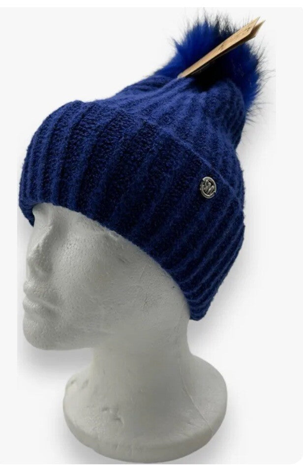 Steve Madden Women's Fuzzy Cloud Knit Beanie Hat with Faux-Fur Pom Pom Blue