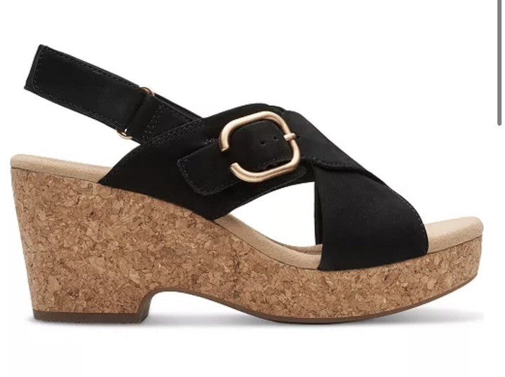 Clarks Women's Giselle Dove Wedge Sandals Black Nubuck 9 1/2