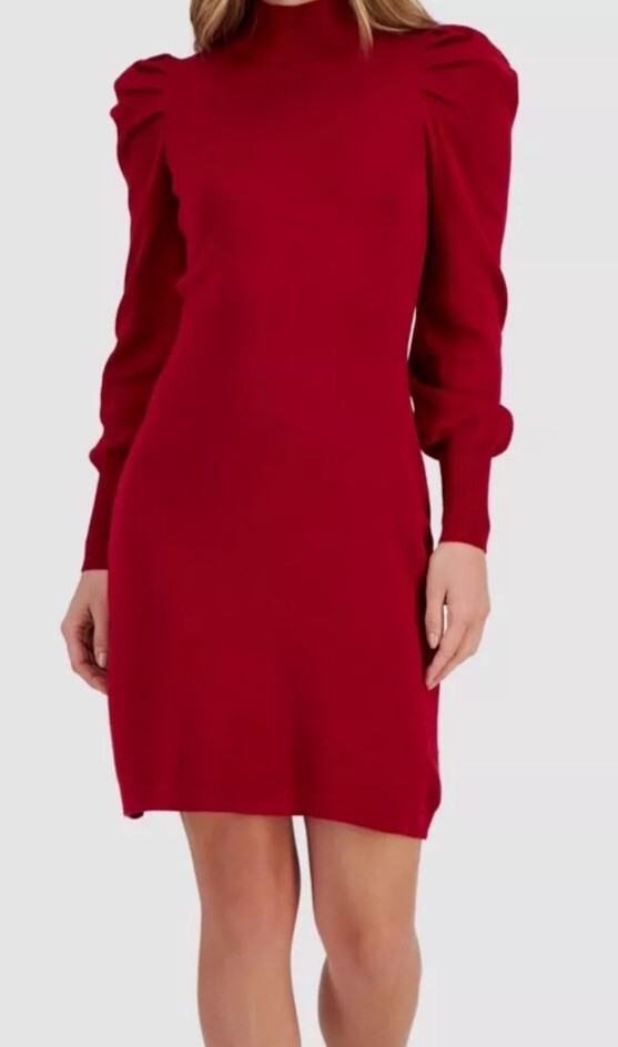 Taylor Womens Puff Sleeve Above-Knee Sweater Dress, Red Size S