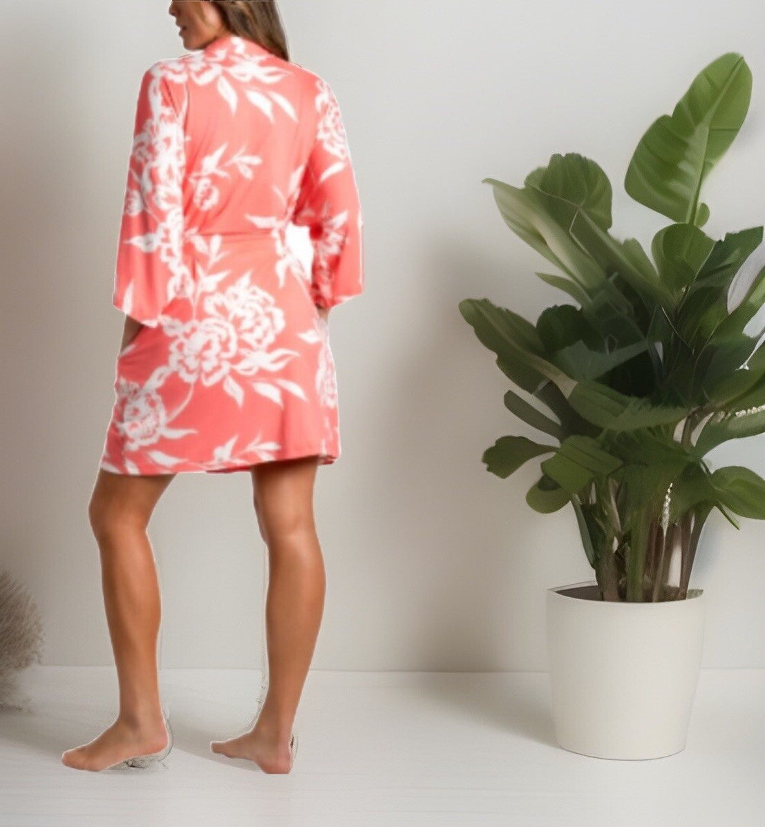 Linea Donatella Tropical Floral Print w/Pockets & Belt Womens Short Robe Size S/
