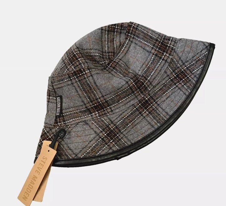 Steve Madden Bucket Hat Reversible Gray Plaid Faux Leather