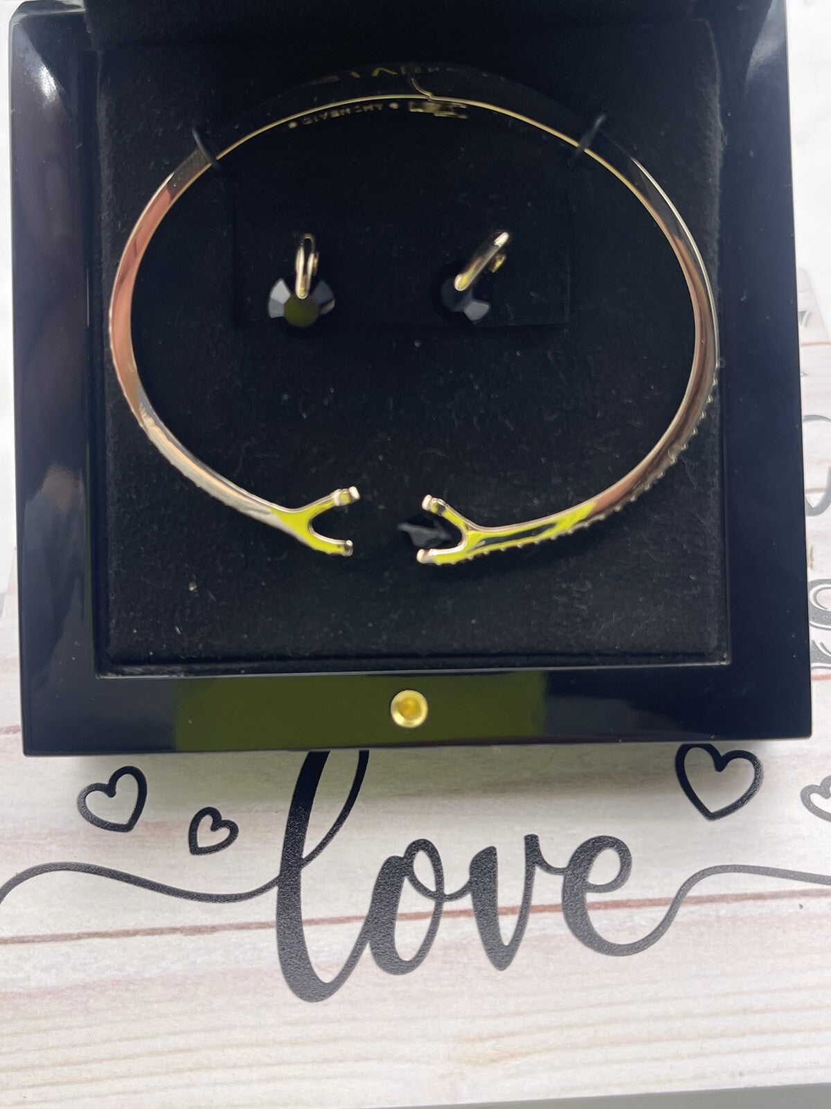GIVENCHY SILVER TONE Black CRYSTALS BANGLE BRACELET WITH FLOATING STONE EARRINGS
