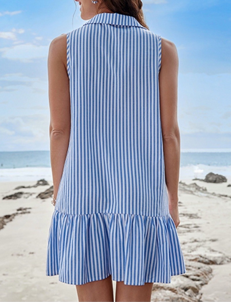 Cupshe Women's Striped Collared Ruffled Mini Beach Dress Large 