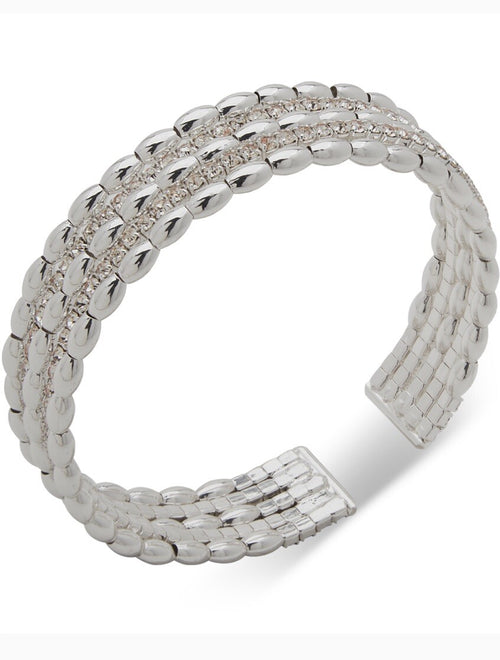 Anne Klein Silver-Tone Crystal Watch Band Cuff Bracelet