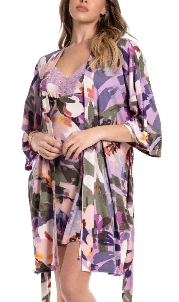 Linea Donatella Women's Printed Knit Wrap Robe Violet Purple Size L/XL 