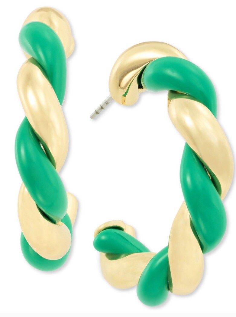 ON 34th Green and Gold-Tone Swirl Medium Hoop Earrings