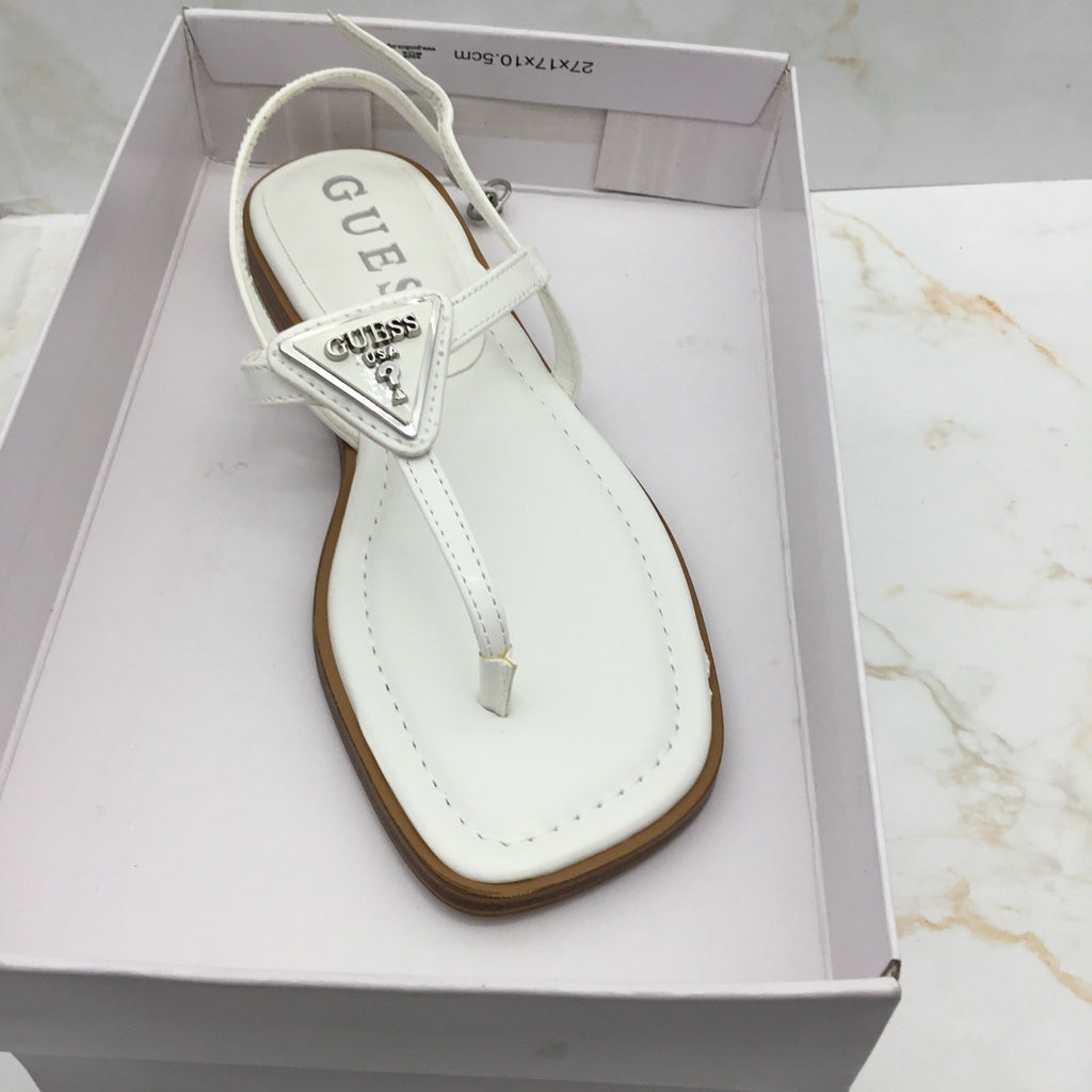 GUESS Women's Rainey Logo Sqaure Toe T-Strap Flat Sandals White 6M