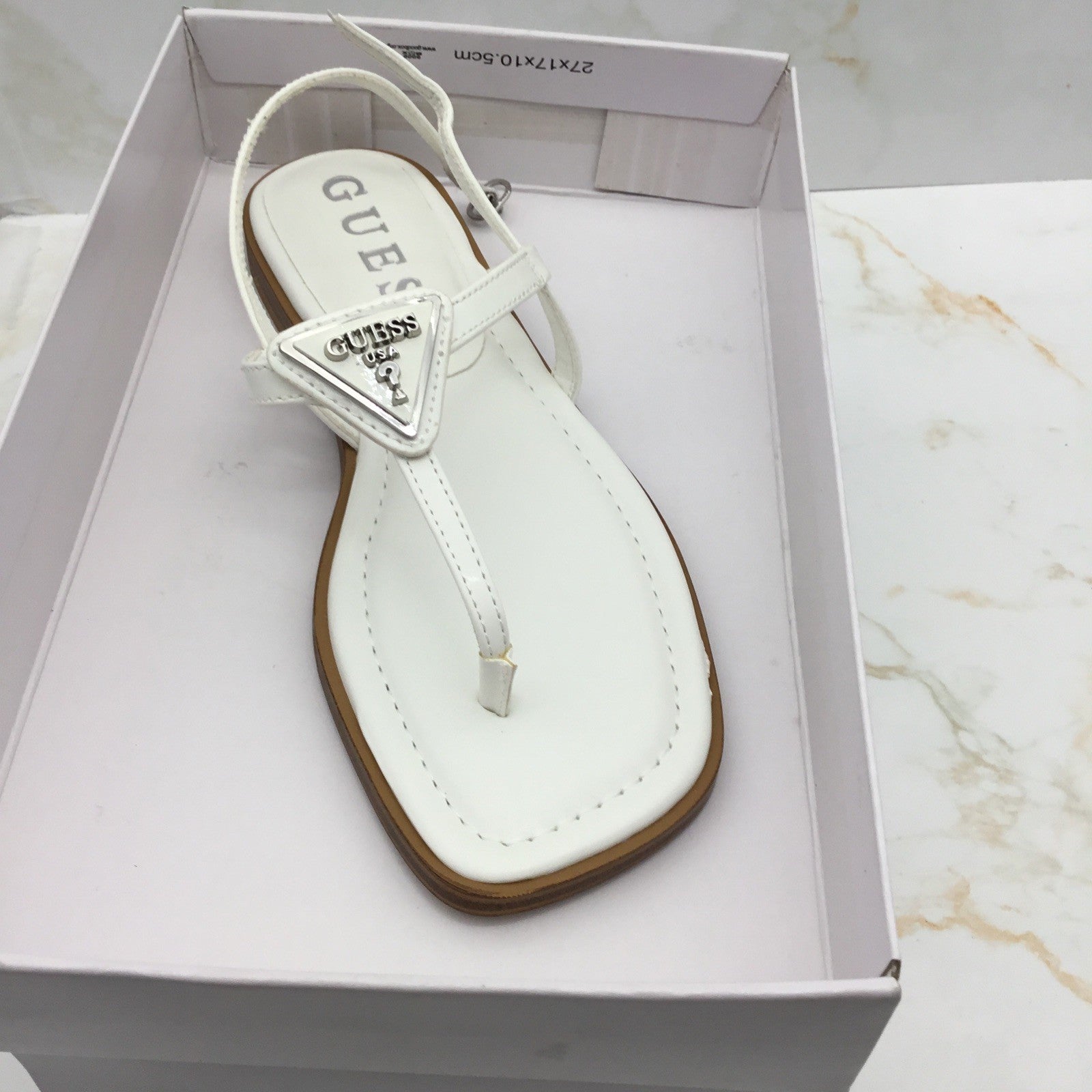 GUESS Women's Rainey Logo Sqaure Toe T-Strap Flat Sandals White 6M