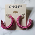 Bright Pink  Color Seed Bead & Raffia C-Hoop Earrings, Post Back, 1.25"