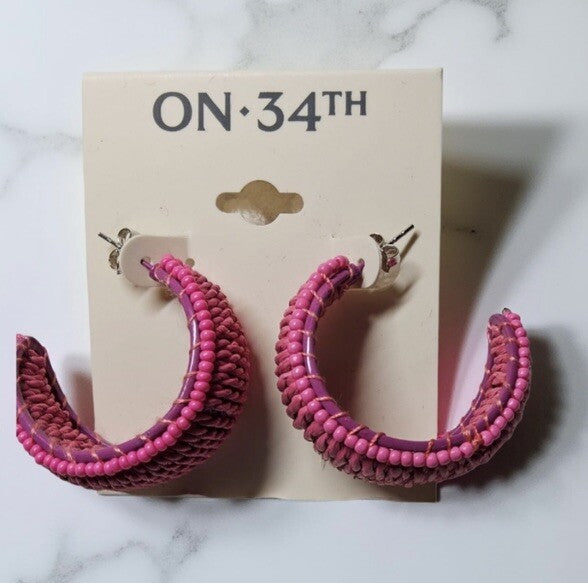 Bright Pink  Color Seed Bead & Raffia C-Hoop Earrings, Post Back, 1.25"