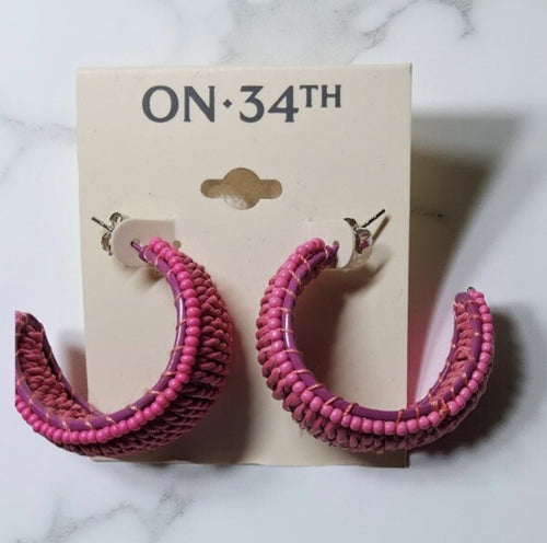Bright Pink  Color Seed Bead & Raffia C-Hoop Earrings, Post Back, 1.25"