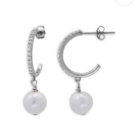 CULTURED FRESHWATER PEARL CHARM PAVÉ HOOP EARRINGS - EXCLUSIVE