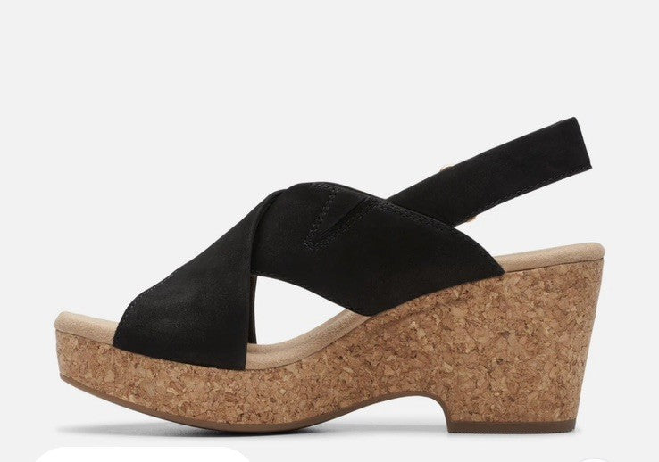 Clarks Women's Giselle Dove Wedge Sandals Black Nubuck 9 1/2