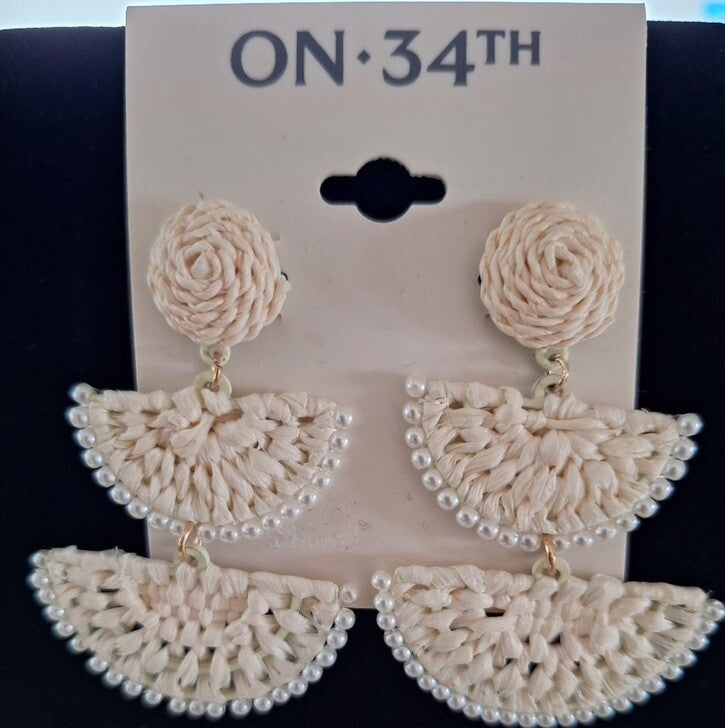 On 34th Cream Woven Raffia Drop Tower Earrings Hardware 