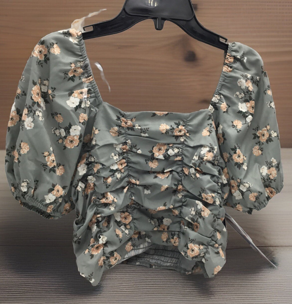 Celebrity Pink Puff Sleeve Ruched Top Tea Floral 