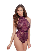 NIB Dreamgirl Women's Sz OS Halter Neckline Lace Teddy Bodysuit Light Mulberry