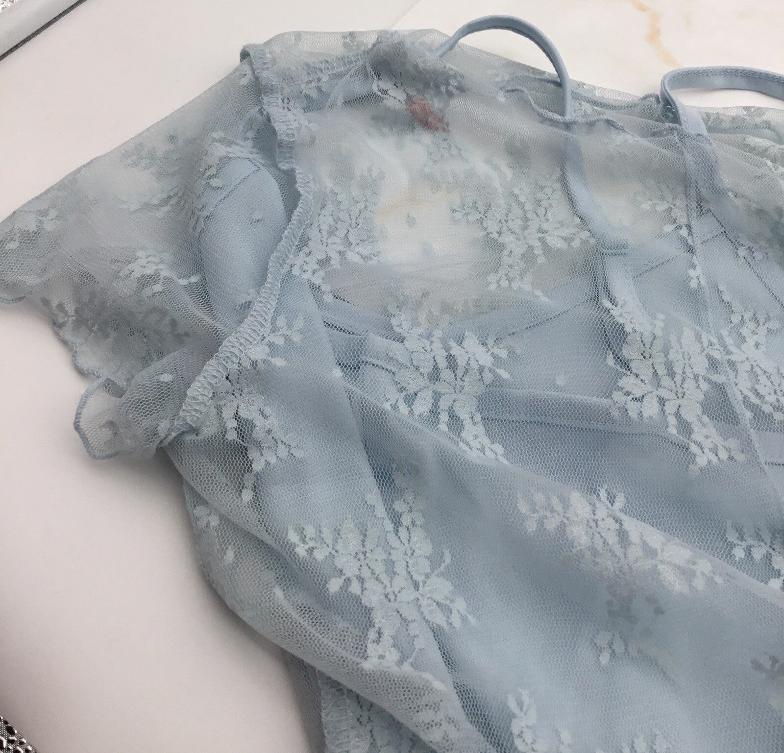 Ultra Flirt Junior’s Lace Tee & Cami Baby Blue Color Small Sheer