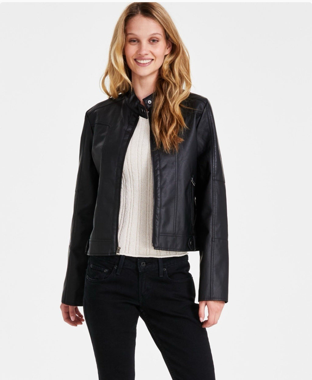 Maralyn & Me Faux-Leather Zip-Front Jacket Juniors M. Black Snap Closure Collar