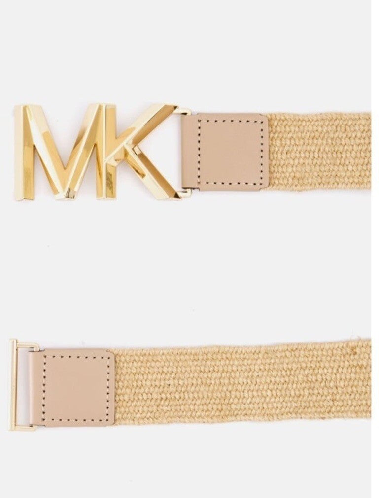 Michael Kors Straw Belt MK Logo Buckle Tan Beige Women's Accessory 