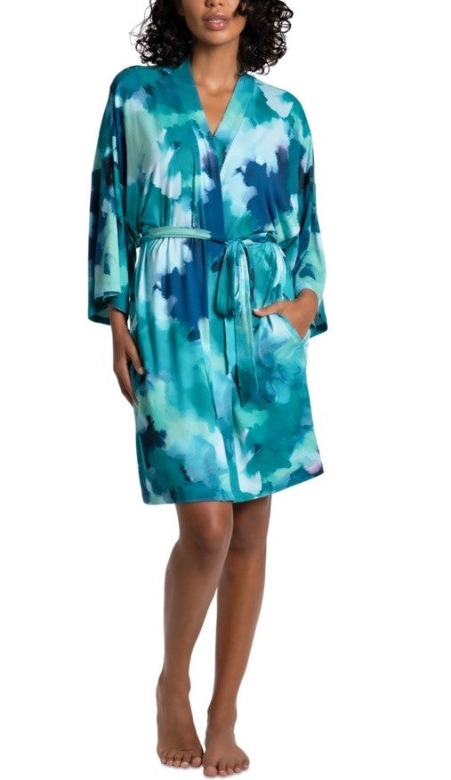 Linea Donatella Women's Clement Printed Wrap Robe - Turquoise Size S/M