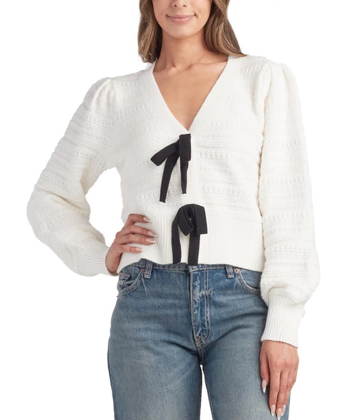 BCX Juniors' Bow-Front V-Neck Long-Sleeve Cardigan Ivory Medium 