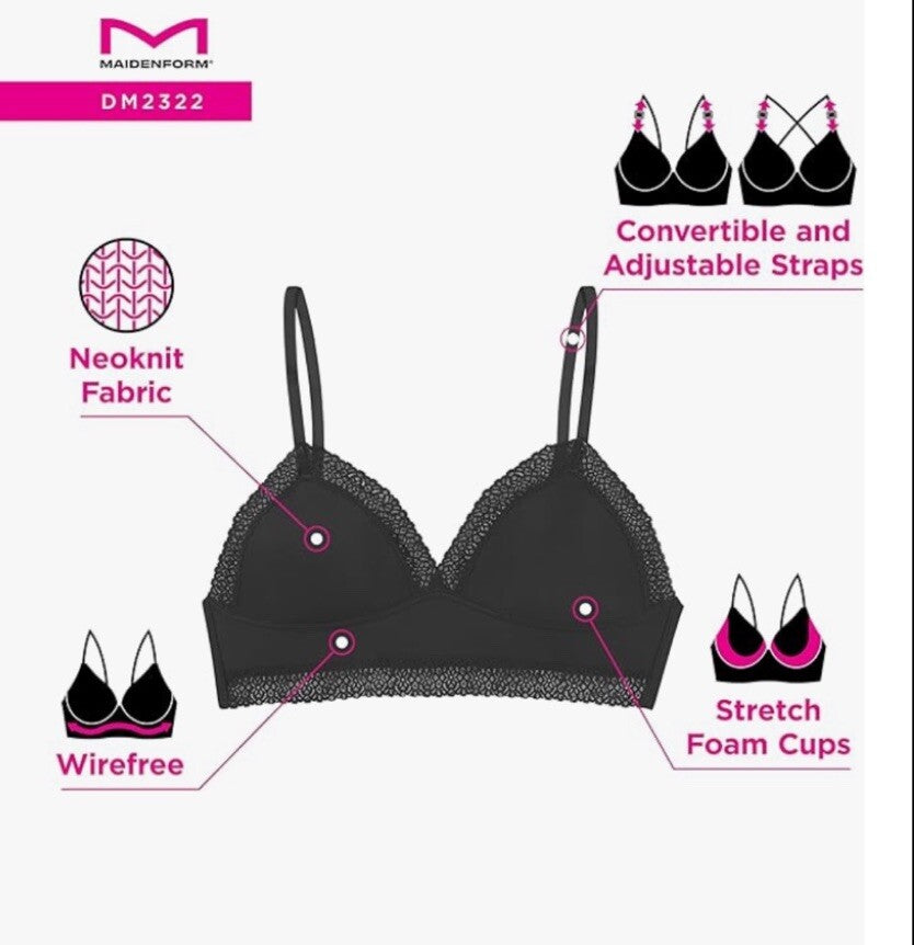 NEW Maidenform DM2322 Black Triangle Bralette Wireless Bra 2XL 