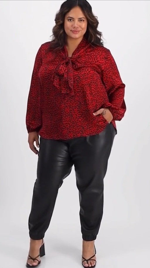 Bar III Plus Size Animal-Print Tie-Neck Blouse 1X Black Pomegranate 