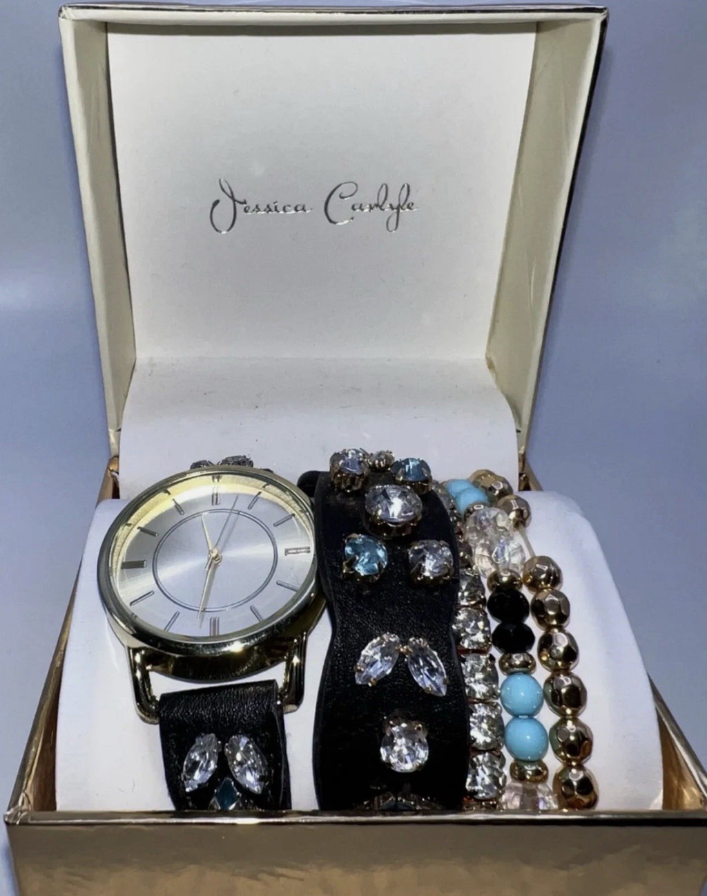 Jessica CarlyleWomen's Analog Black Jeweled Strap Watch 34mm Matching Bracelets