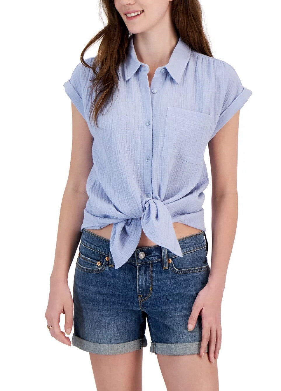 Hippie Rose Junior's Tie-Front Gauze Camp Shirt XS Blue