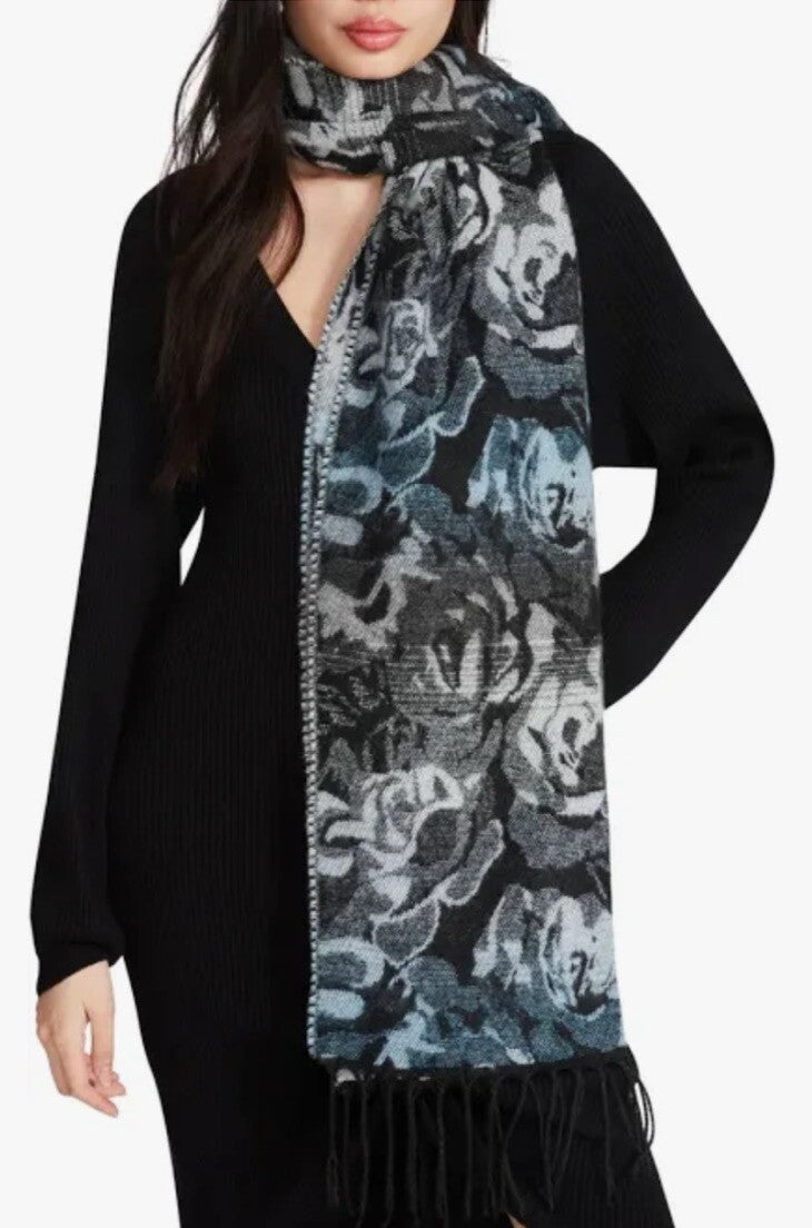 Steve Madden Women's Vibrant Rose Jacquard Blanket Scarf With Fringe, Denim, O/S